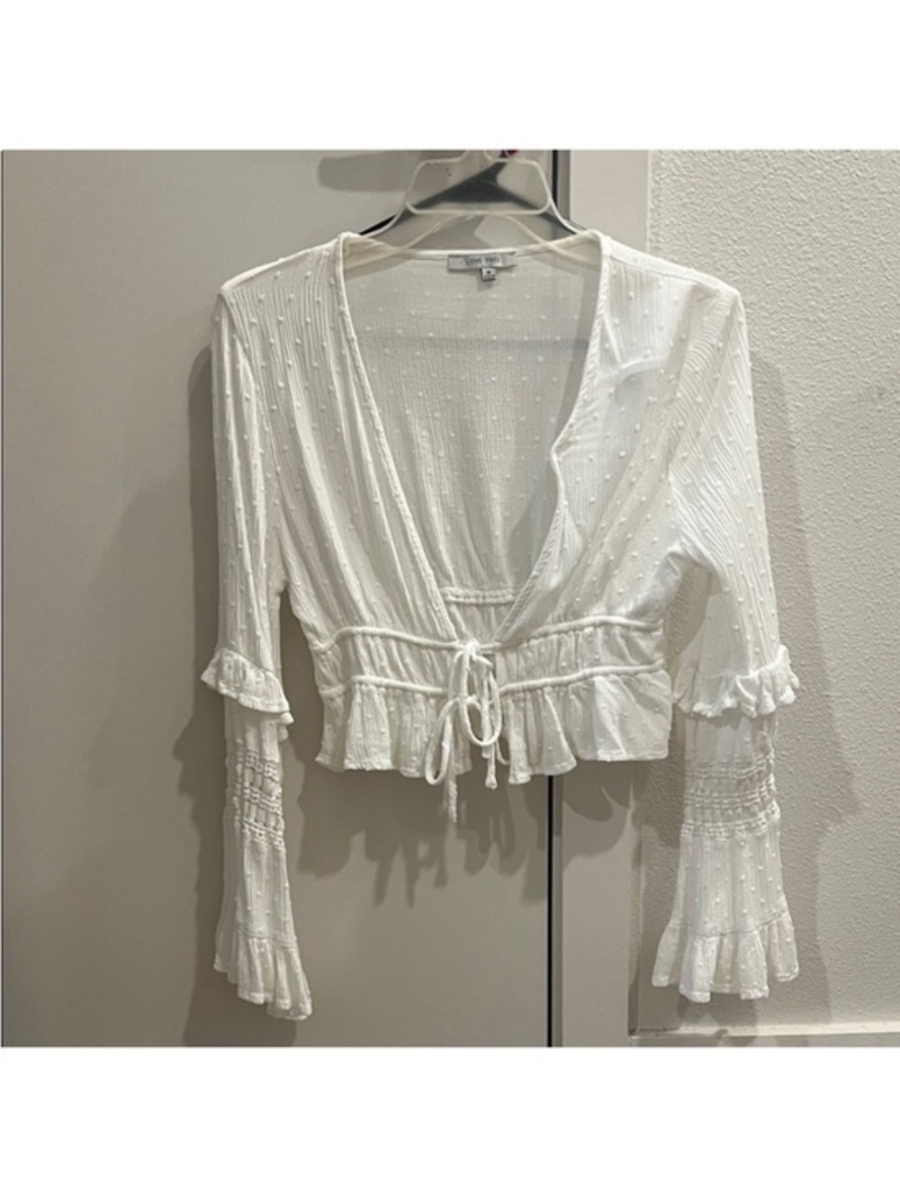 Love Tree White Tie-Front Ruffle Peasant Blouse